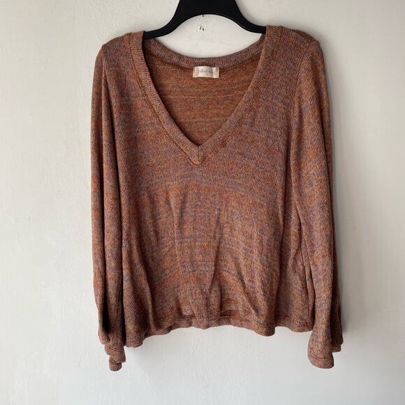 Marbled Knit Sweater Bell Sleeves SZ‎ M V- Neck Stretchy Oversized Boho Cottage - Picture 1 of 5